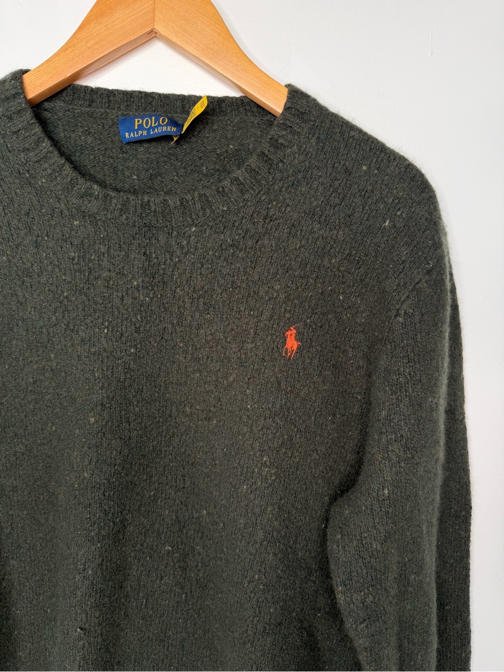 Polo Ralph Lauren Green Knit Crewneck Pullover Sweater Orange Pony Logo Solid